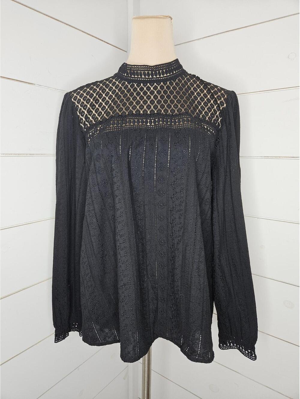 Kensie large black long sleeve cotton blouse with lace and embroidered details